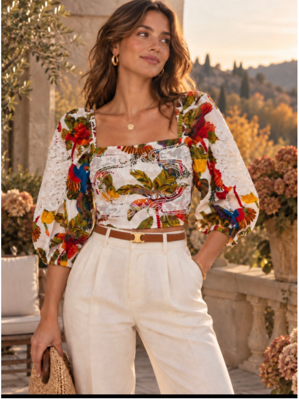 FARM Rio Women’s M Forest Birds Floral Crop Top Lace Puff Sleeve Blouse